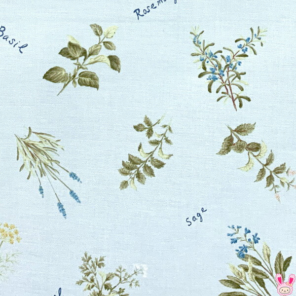 YUWA有輪商店　ハーブと花　Dライトブルー系　シャーティング生地　829667　（88）　(50cm以上10cm単位切り売り)　［在庫限り］