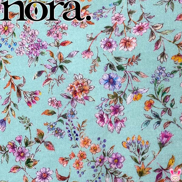 Flower Print - フレグランスボタニカル　Aベリルグリーン系　シーチング生地　10cm単位　切り売り　FR1149-A　ノラ　NORA.　（254）　「在庫限り」