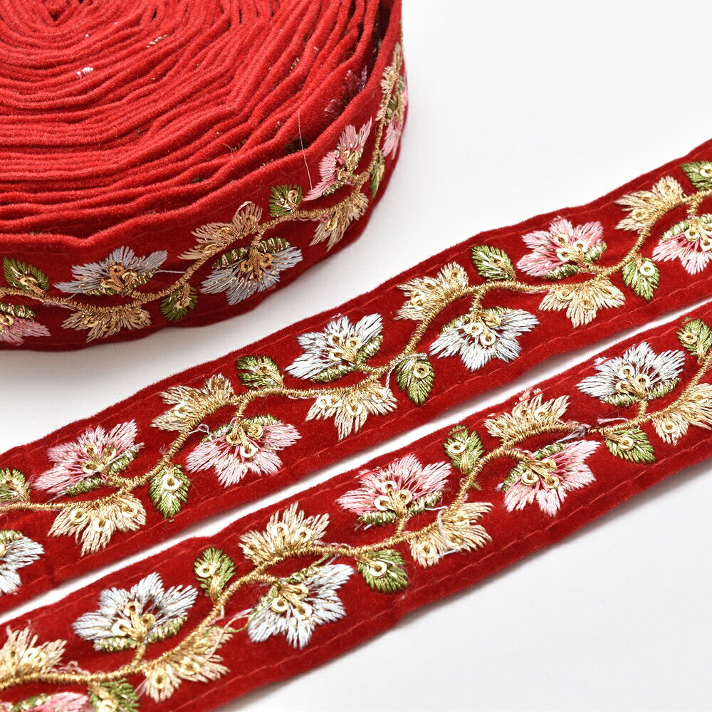 Dressmaking Materials - インド刺繍リボン　ベロア　30mm　ベルベットのお花の刺繍リボン　ベロア　10cm単位　切り売り　(40cm以上)　［在庫限り］