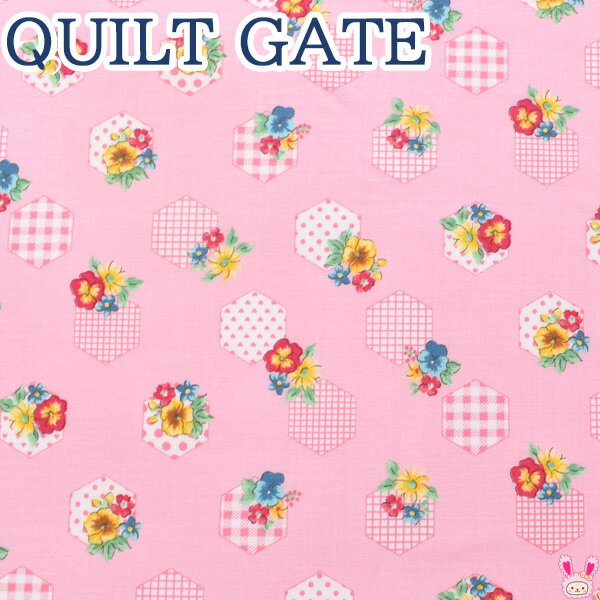 花柄とフレーム　Bピンク系　LW2040-13　 キルトゲイト　シーチング生地　(5) (50cm以上10cm単位切り売り)　［在庫限り］