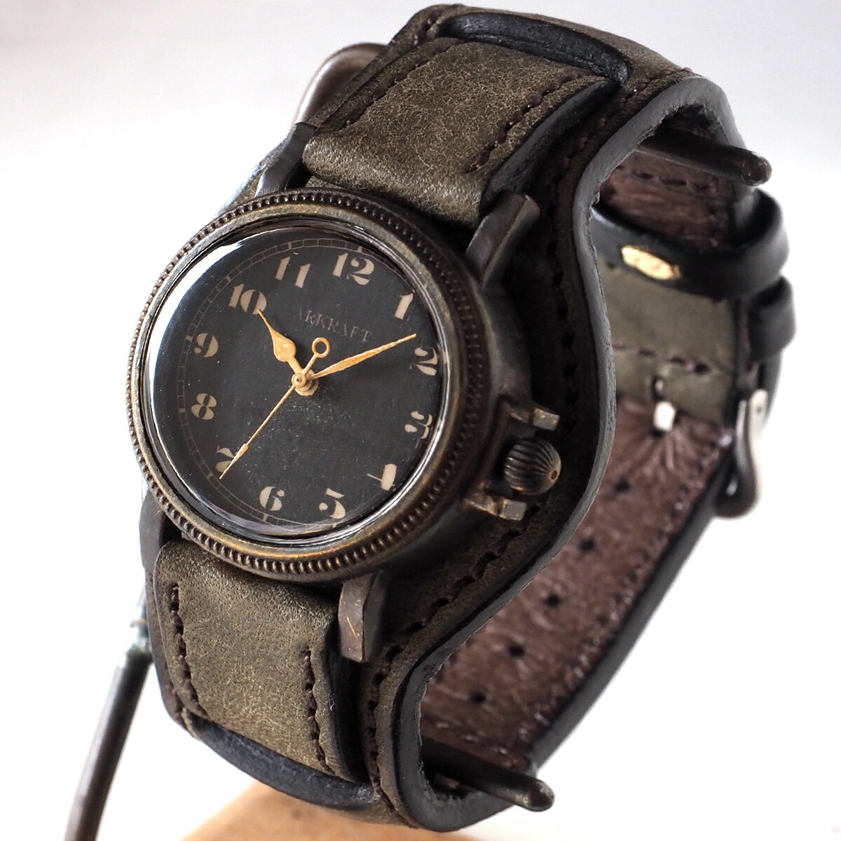 ARKRAFT アークラフト 手作り腕時計“Nes Medium” アラビア数字 プレミアムWストラップ [AR-C-026-AR] 時計作家 新木秀和 ハンドメイド ウォッチ ハンドメイド腕時計 手作り時計 本革 二重ベル…