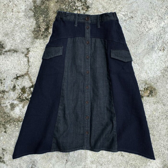 graphzero(グラフゼロ) スウィッチングフレアスカート インディゴ [La-SFSK-0408] 岡山 倉敷 児島 S M L 春 夏 秋 冬 ワッフルデニム ニットデニム サーマル セルビッチデニム デニム 右綾 ワンウォッシュ ココナッツボタン 玉縁ポケット カーゴポケット フレアスカートのサムネイル
