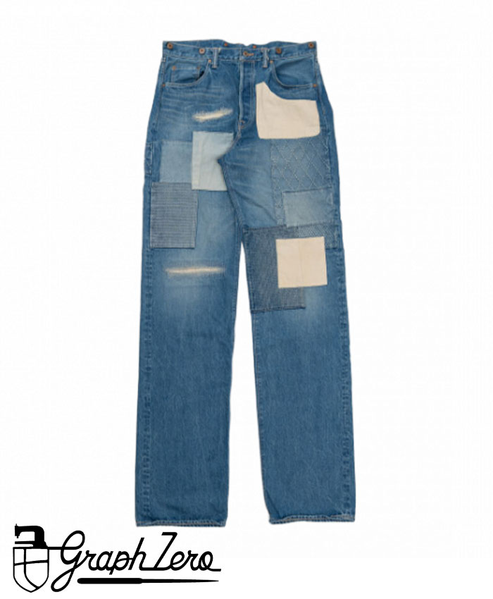 graphzero(グラフゼロ) 13oz リメイク ヘリテージジーンズ パッチワーク インディゴ ユーズド加工  岡山 倉敷 児島 ジーンズ デニム ブランド 1900年代 ヴィンテージ シンチバック 隠しリベット ダックテール 個性的 カジュアル 児島製 日本製
