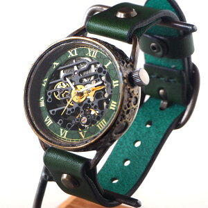 KINO(キノ) 手作り腕時計 自動巻き 裏スケルトン メカニックブラック グリーン [K-15-MBK-GR] 時計作家 木野内芳祐 機械式腕時計 ハンドメイド ウォッチ ハンドメイド腕時計 両面スケルトン メンズ レディース 牛革 緑 アンティーク調 レトロ 日本製 国産
