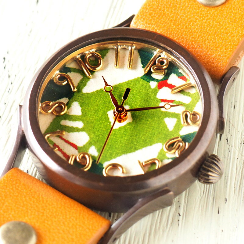 vie（ヴィー） 手作り腕時計 “和tch” 和紙文字盤 和時計 菱緑 グリーン Mサイズ [WJ-004M-GR] ハンドメイド ウォッチ ハンドメイド腕時計 和時計 和柄 和風 メンズ レディース アンティーク調 栃木レザー 本革ベルト 日本製