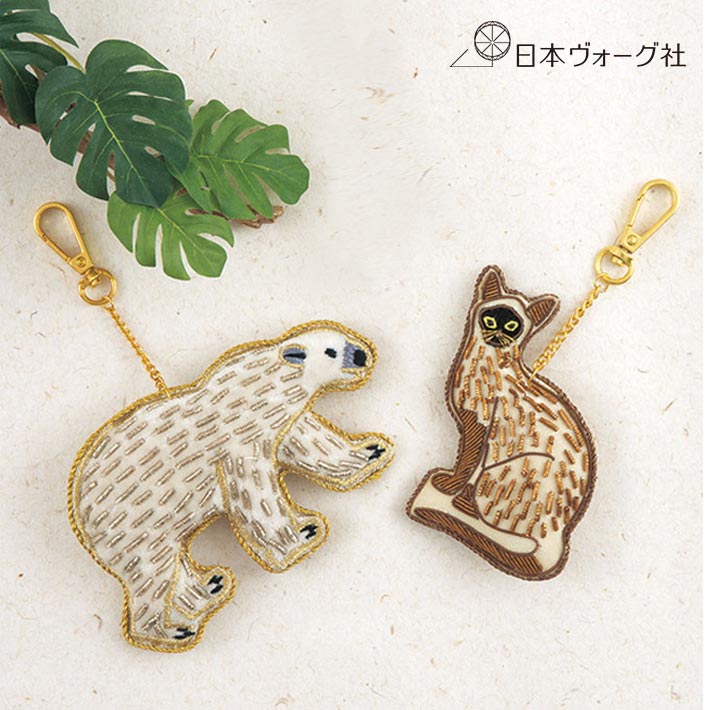 樂天商城 - 完成品｜ザリ刺繍のキーホルダー（シロクマ / ネコ）　| 雑貨 キーリング キーチェーン バックチャーム