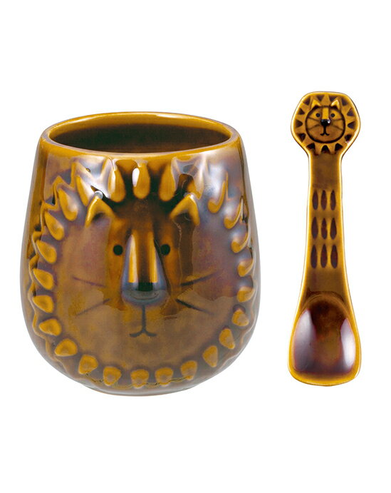 樂天商城 - 完成品｜マグカップ＆スプーンセット［ライオン］｜ マグカップ スプーン 小さい 可愛い かわいい おしゃれ かっこいい 陶磁器 インテリア ライオン プレゼント