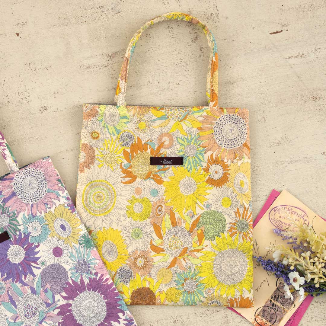 樂天商城 - 完成品 ｜Aトート（スモールスザンナ・レモン） ｜ 小さめ トートバッグ 散歩 リバティプリント生地 ベルギーリネン 質感 内ポケット 便利