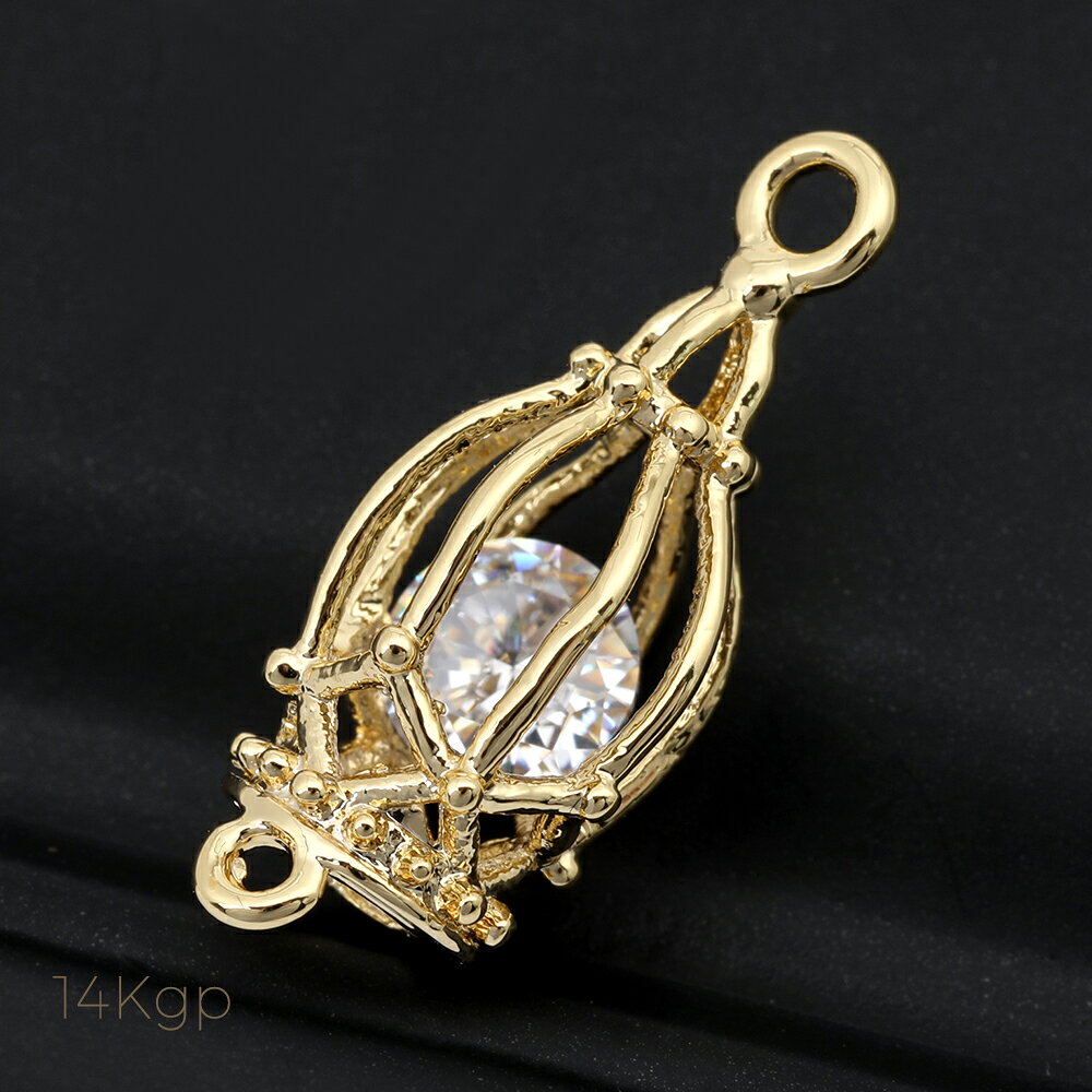 アクセサリーパーツ 色褪せにくい14KGPゴールドメッキ 高品質ジルコニア 鳥かご 2カン 7.5×19.5mm 1個入り