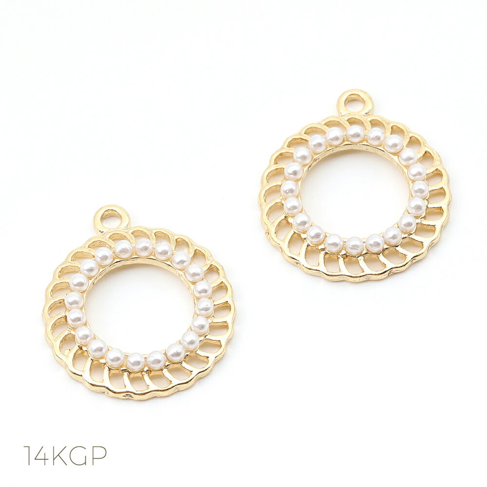 アクセサリーパーツ フレームチャーム 丸型チェーンチャーム ABSパール付き 1カン 約19x22mm 色褪せにくい14KGPゴールドメッキ 1個入り