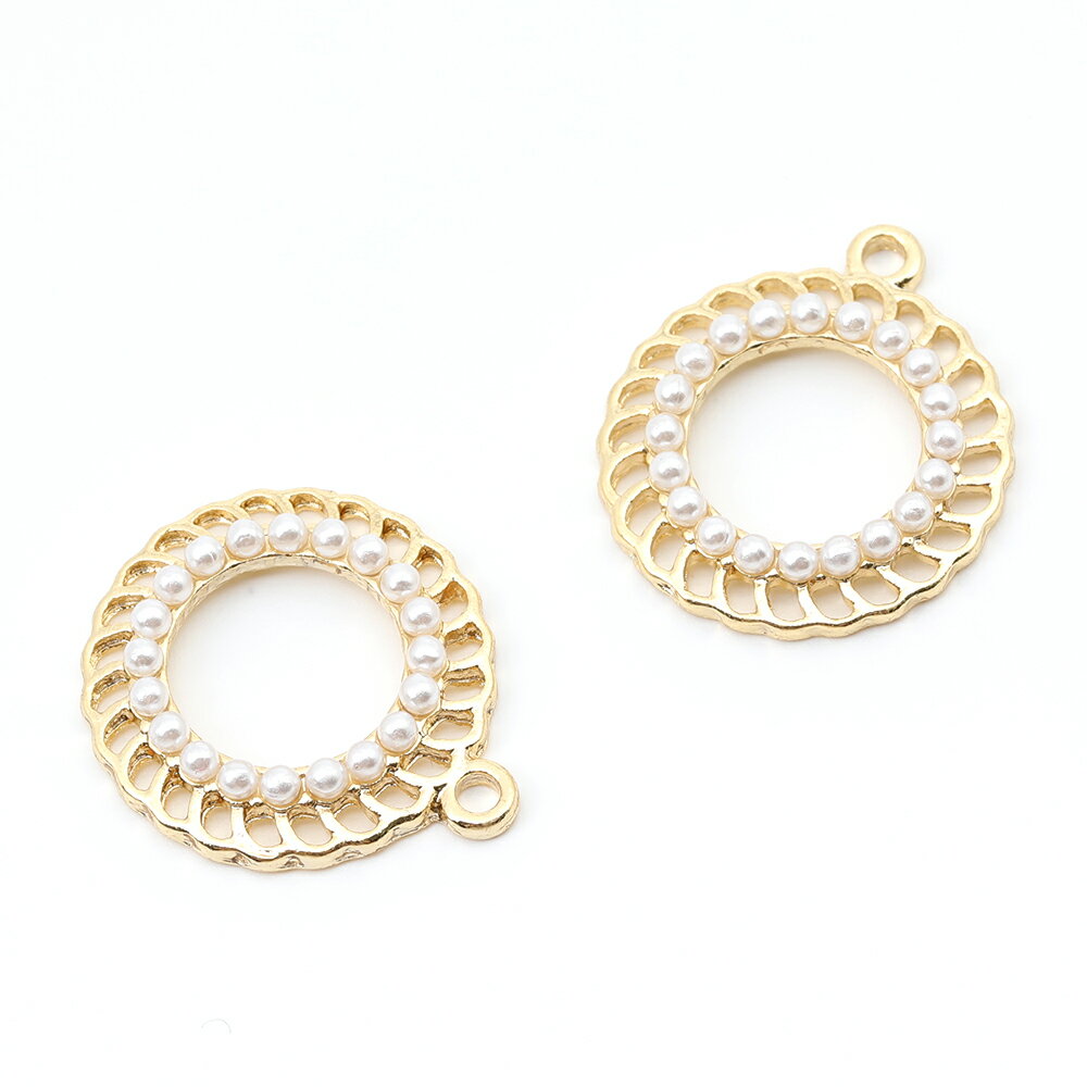 アクセサリーパーツ フレームチャーム 丸型チェーンチャーム ABSパール付き 1カン 約19x22mm 色褪せにくい14KGPゴールドメッキ 1個入り