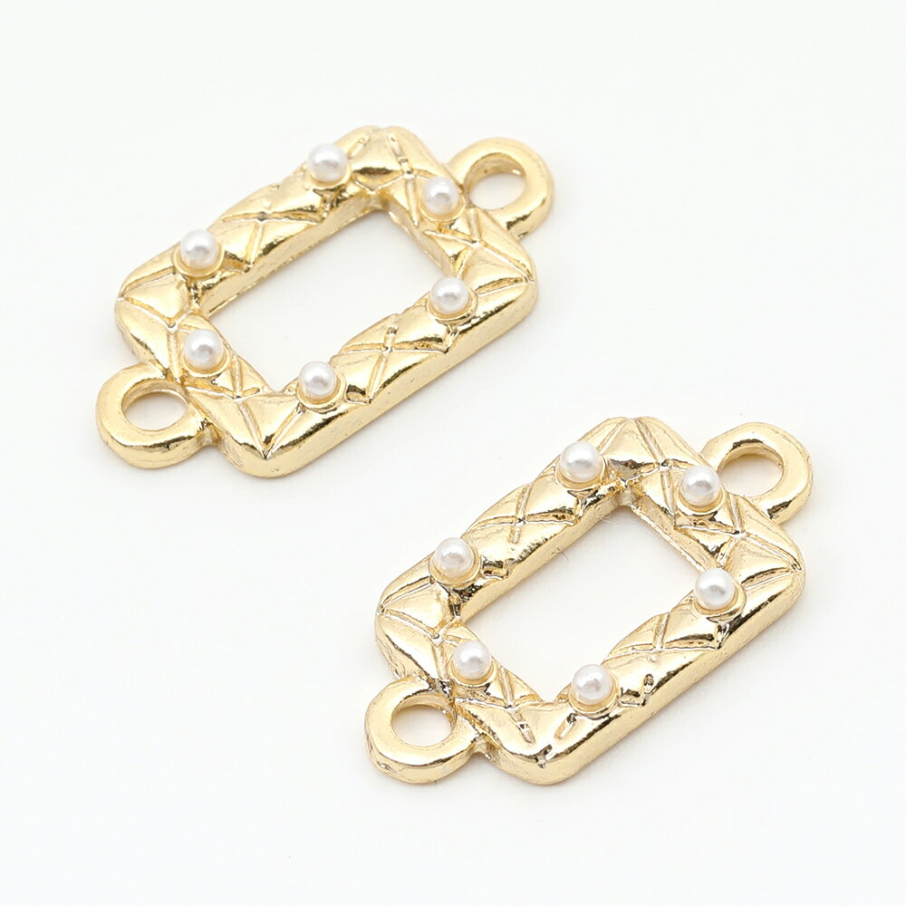 アクセサリーパーツ フレームチャーム コネクター 長方形チェーン ABSパール付き 2カン 約11x21mm 色褪せにくい14KGPゴールドメッキ 1個入り