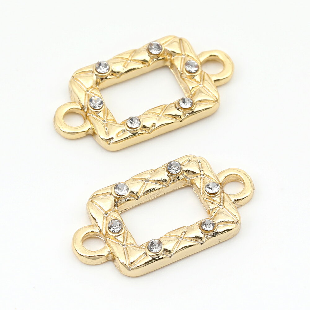 アクセサリーパーツ フレームチャーム コネクター 長方形チェーン ガラスストーン付き 2カン 約11x21mm 色褪せにくい14KGPゴールドメッキ 1個入り