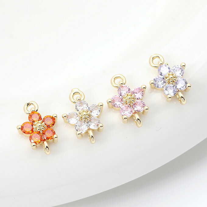 即日発送！色褪せにくい14KGPゴールドメッキ 高品質ジルコニアチャーム フラワー 五弁花 2カン 8×12mm（2ヶ）