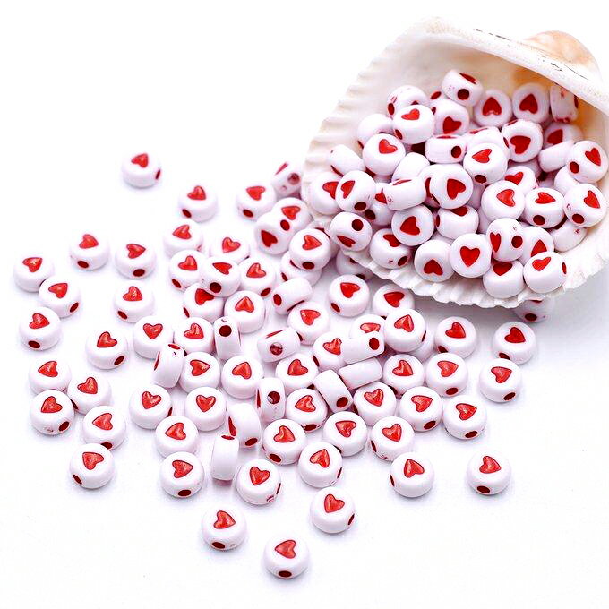 即日発送！アクリルビーズ コイン型 7mm ハート柄 ホワイト【約50g(約410ヶ)】