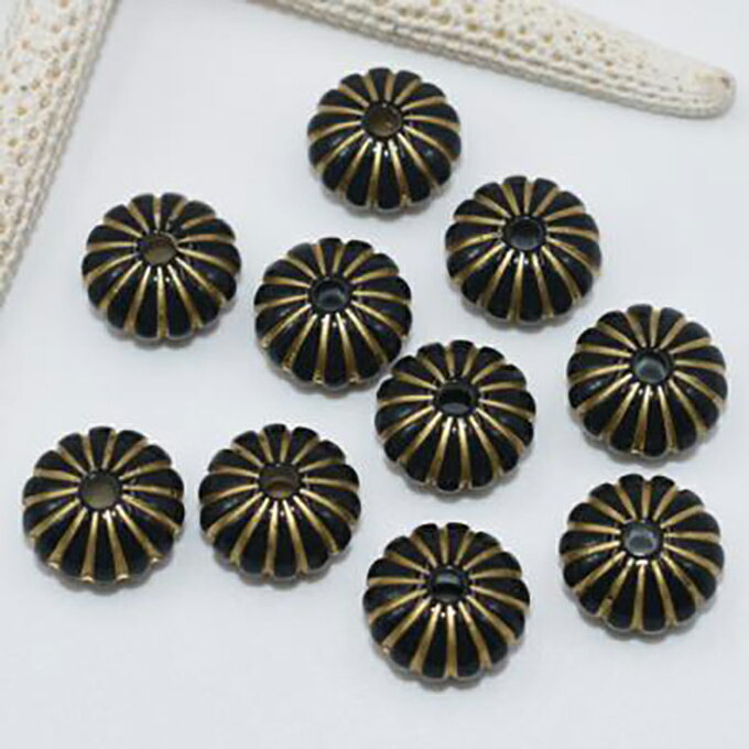 即日発送！アクリルビーズ パンプキン模様入り 8×14mm【10ヶ】ブラックアンティークゴールド