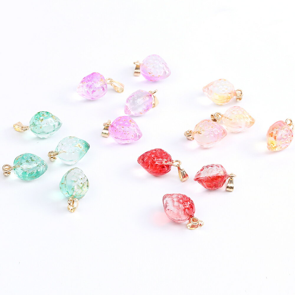 即日発送！チェコ調いちごガラスチャーム クリア苺ガラスチャーム バチカン付き 12×17mm ゴールド（10ヶ）
