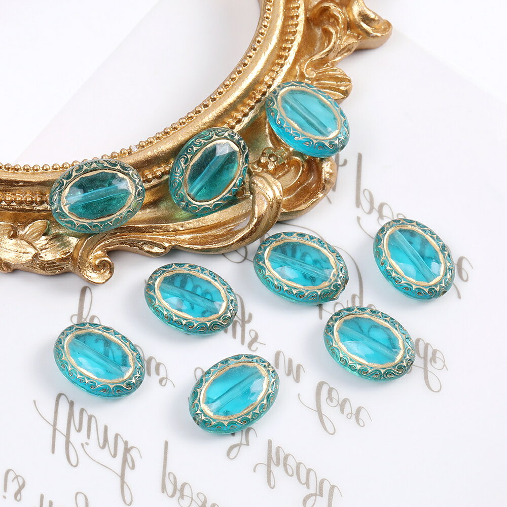 antique - 即日発送！アンティーク調アクリルビーズ ゴールドライン入り オーバル 13.5×18mm ブルー（15ヶ）