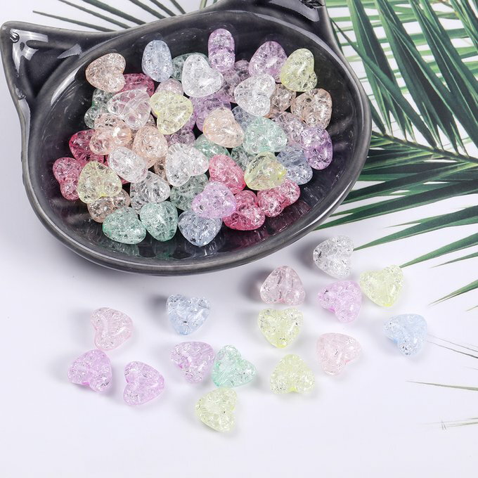 即日発送！アクリルビーズ クラック加工 ハート型 10×11mm カラーミックス（50ヶ）