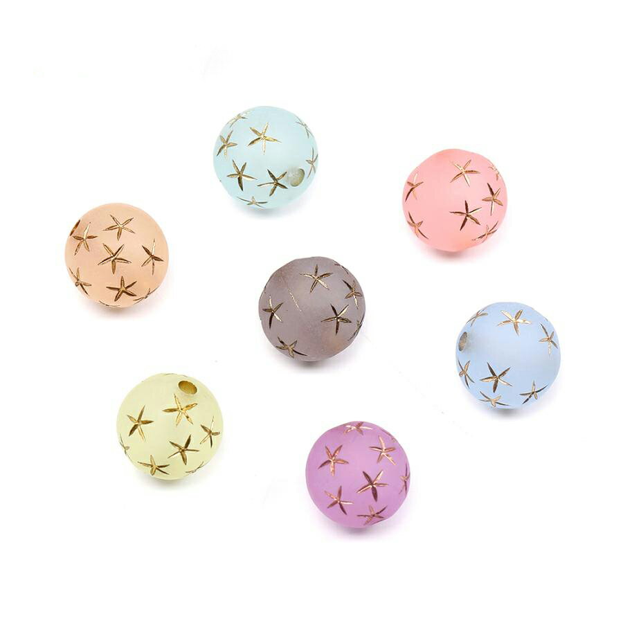 即日発送！アンティーク調アクリルビーズ フロスト加工 丸玉 星柄 12mm（10ヶ）