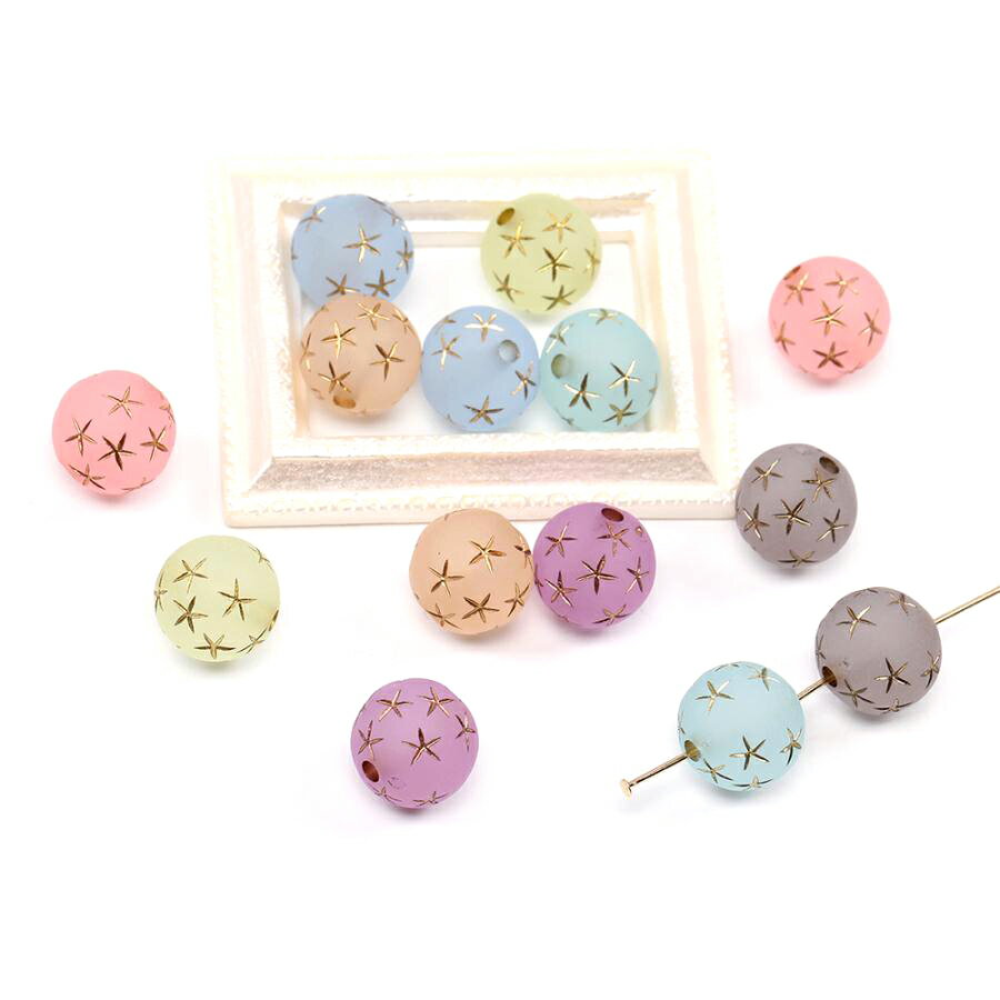 即日発送！アンティーク調アクリルビーズ フロスト加工 丸玉 星柄 12mm（10ヶ）
