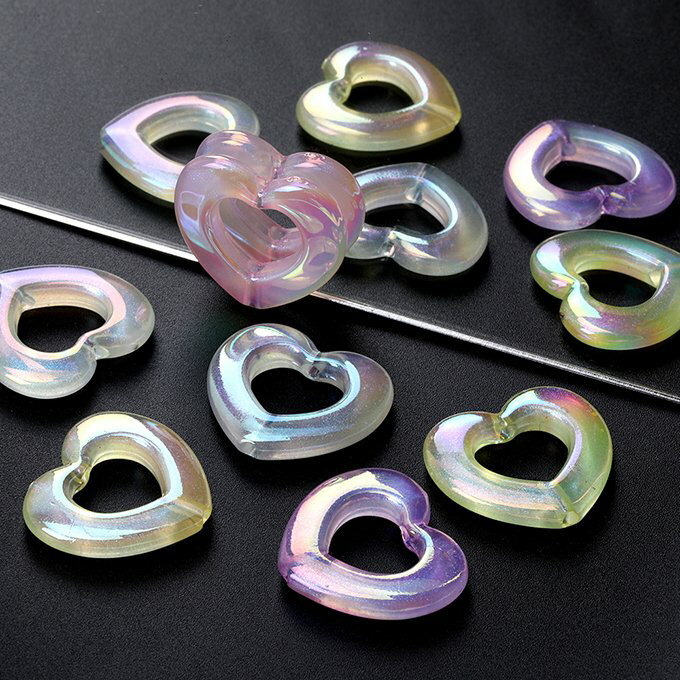 即日発送！アクリルビーズ 中抜きハート型 メッキ加工 ミックスカラー 26×28mm（10ヶ）