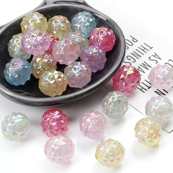 即日発送！アクリルビーズ パイナップル模様入り丸玉 メッキ加工 ミックスカラー 15mm（10ヶ）