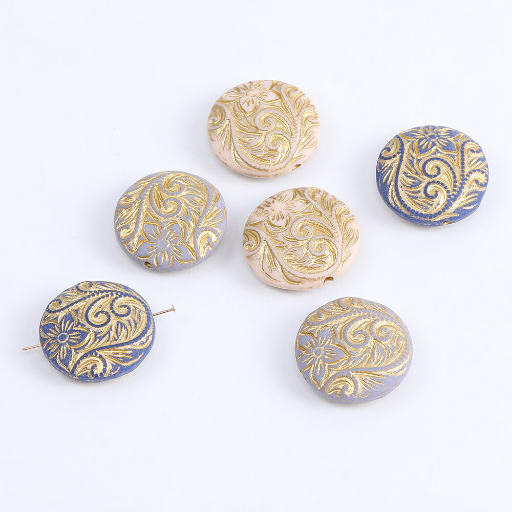 即日発送！アンティーク調ビーズ 樹脂製 チェコ調ビーズ ゴールドライン入り フラワー模様 通し穴あり22mm（6ヶ）