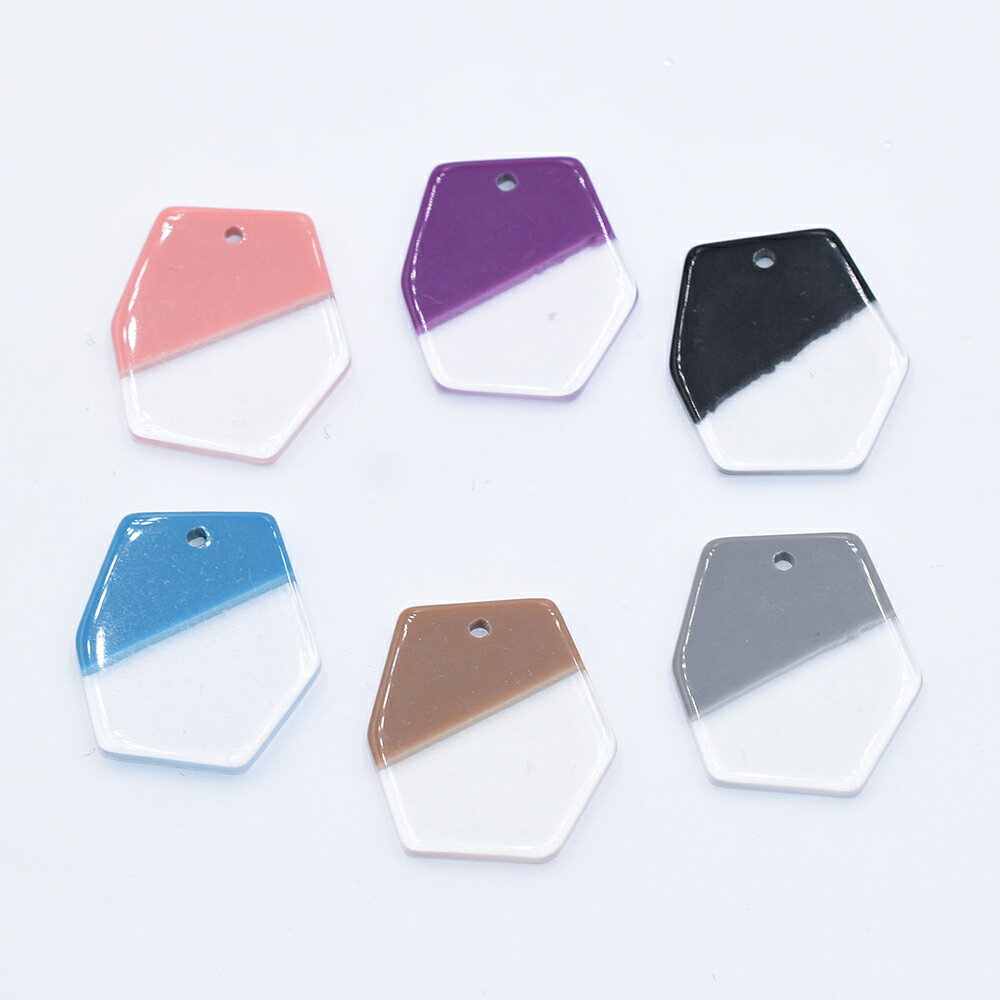 即日発送！即日発送！樹脂プレートチャーム 樹脂製 2カラー 六角形 穴あり 全6色 20mm（10ヶ）