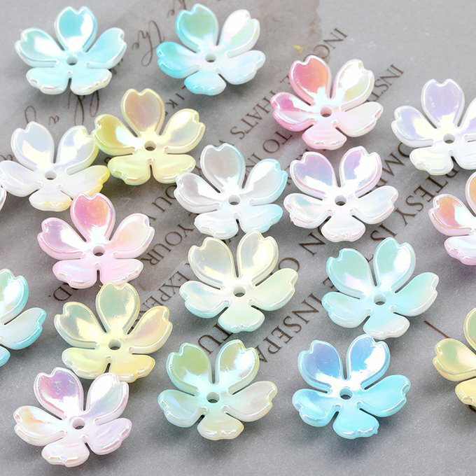 即日発送！立体フラワーパーツ アクリルビーズキャップ フラワーチャーム 花座 小花パーツ 桜 中心穴あり オーロラカラー 18mm