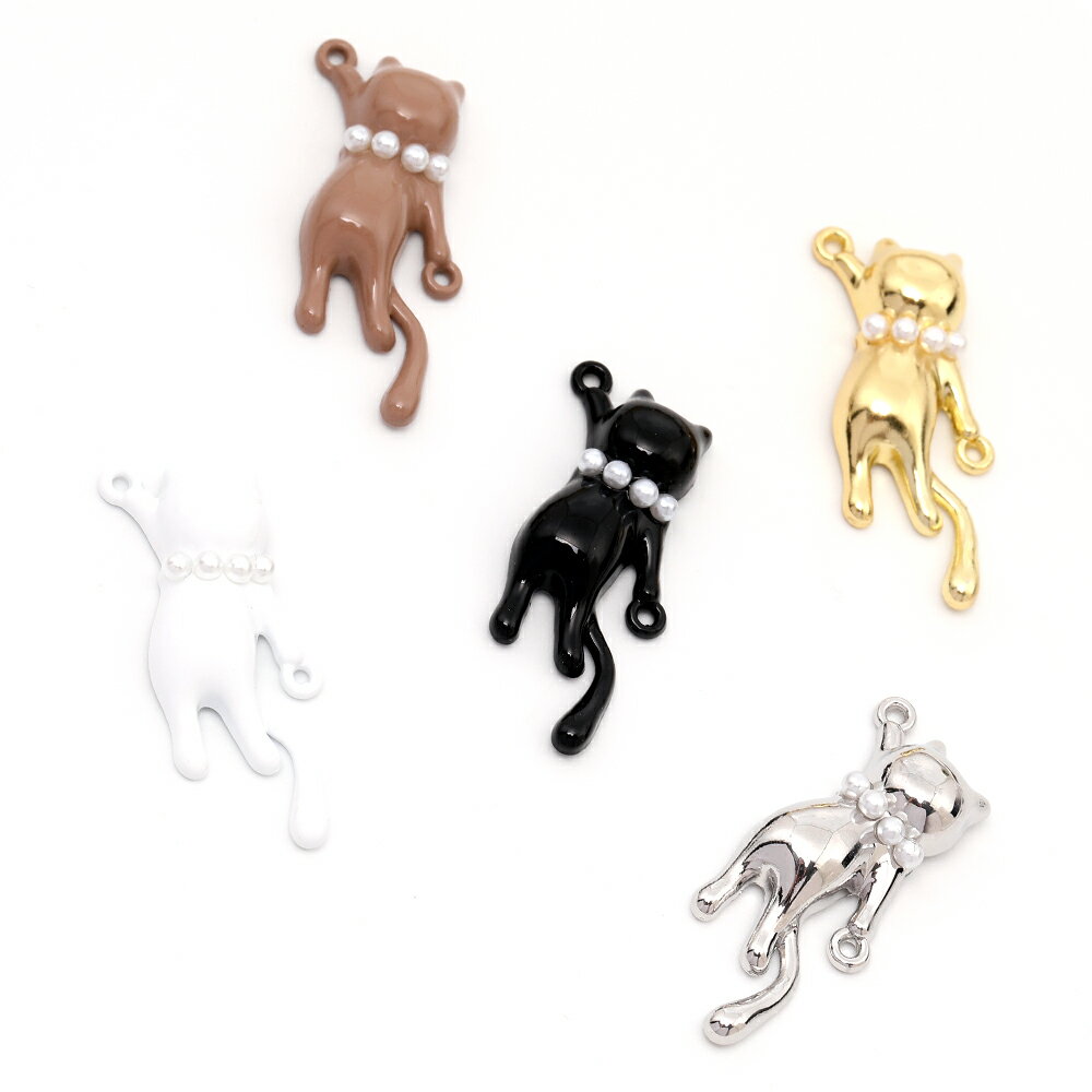 高品質猫チャーム メタルチャーム コネクターチャーム 2カン パール付き約13×29.5mmアクセサリーパーツ..