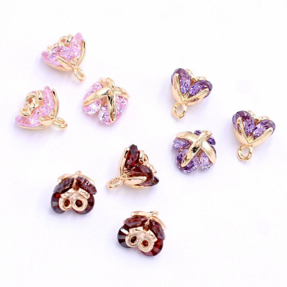 カン付き高品質ジルコニアチャーム 四弁花 約 6.5×7.5mm ハンドメイドパーツゴールド【1ヶ】