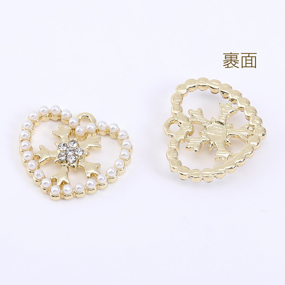 即日発送！立体ハートモチーフ メタルチャーム 中抜きハートチャーム ガラスストーン付き 1カン付き 1カン 18×20mm ゴールド（2ヶ）