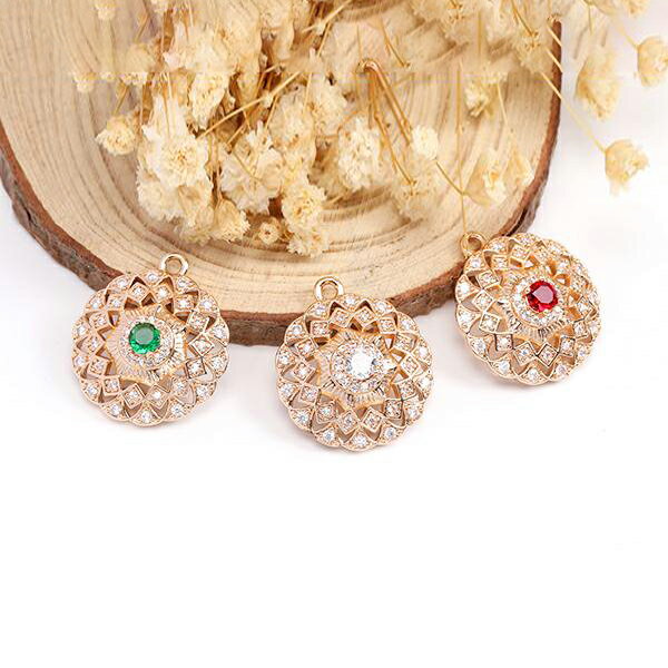 即日発送！高品質ジルコニアチャーム 透かしラウンド 20×23mm ゴールド（1ヶ）