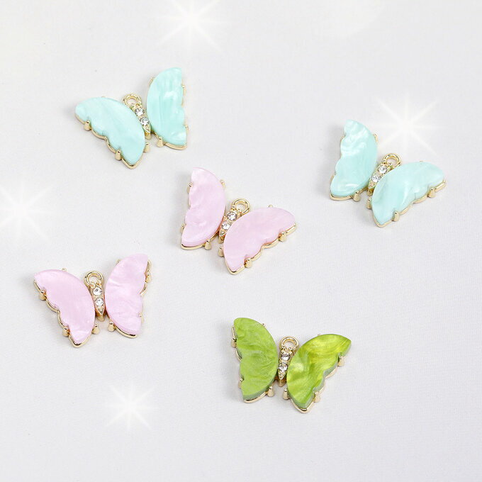 即日発送！蝶チャーム アクリル＆ラインストーン付きメタルチャーム 14×20mm ゴールド（4ヶ）