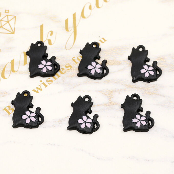 即日発送！メタルチャーム 猫 1カン 11.5×16mm ブラック（6ヶ）