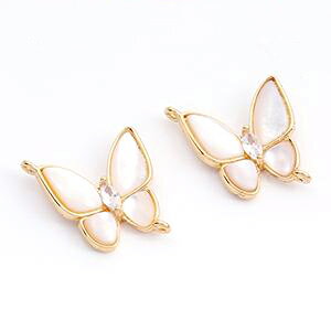 即日発送！高品質ジルコニアチャーム コネクターチャーム シェル貼り 蝶 2カン付き 16×20mm ゴールド（1ヶ）
