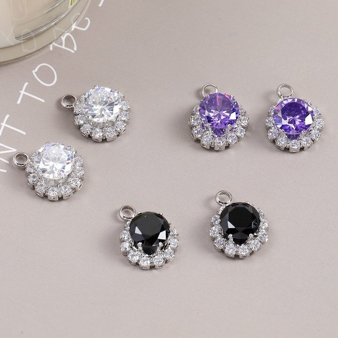 即日発送！ガラスストーンチャーム ラウンド 12×15mm ロジウム（2ヶ）