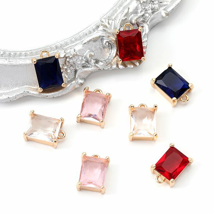 即日発送！高品質フレームガラスチャーム ガラスストーンチャーム 長方形型 1カン付き ゴールド 9×13mm（2ヶ）