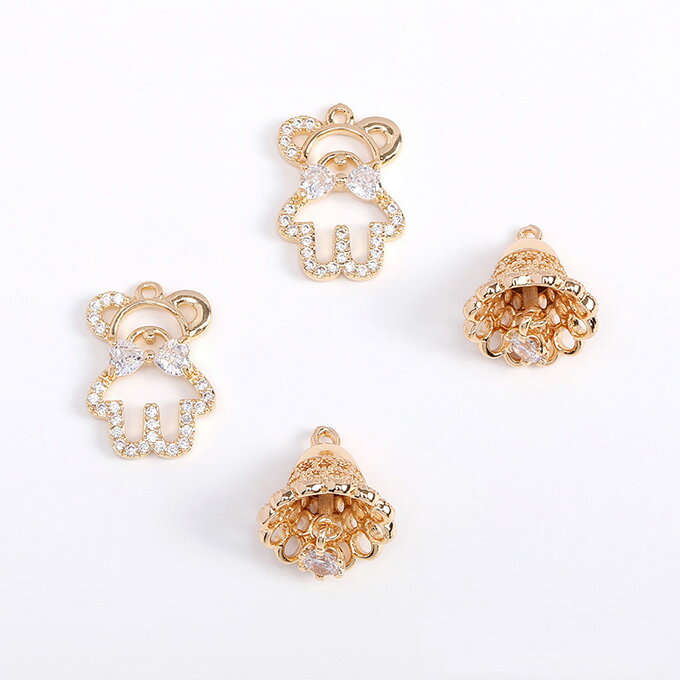 即日発送！高品質ジルコニアチャーム クマチャーム 鈴チャーム ゴールド（1ヶ）