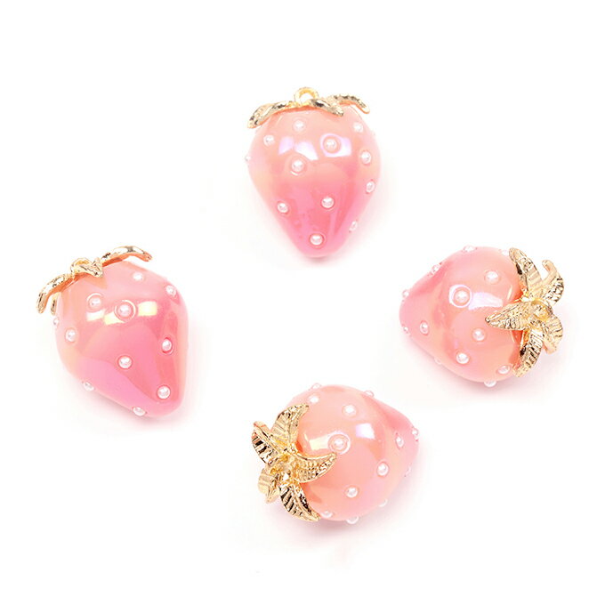 即日発送！いちごチャーム 樹脂製 イチゴチャーム フルーツチャーム 表面パール付き ピンクカラー 約18×23mm（2ケ）