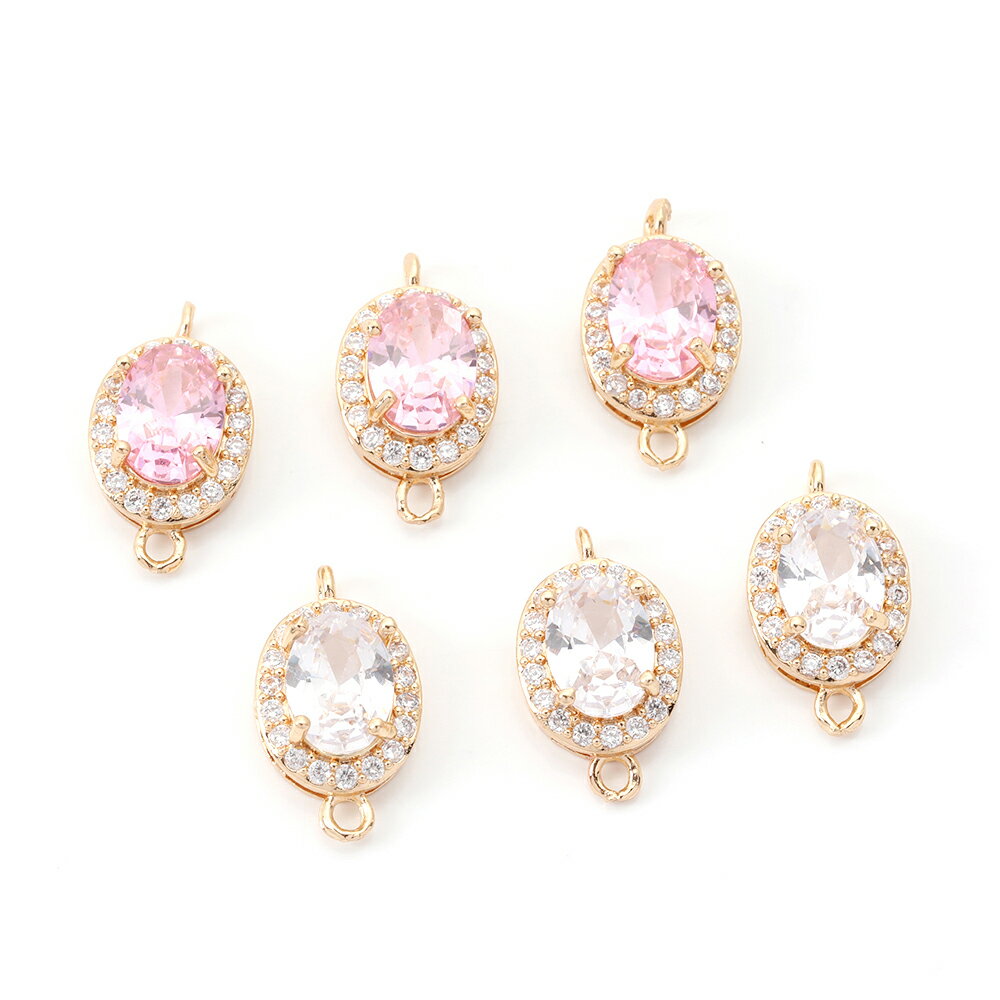 即日発送！高品質フレームガラスチャーム ジルコニアストーンチャーム ガラスストーンチャーム コネクターチャーム 接続パーツ 連結パーツ オーバル 楕円形 2カン付き ゴールド 9×16mm（1ヶ）