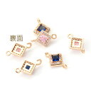 即日発送!高品質フレームガラスチャーム ジルコニアストーンチャーム ガラスストーンチャーム コネクターチャーム 接続パーツ 連結パーツ ひし形 菱形 2カン付き ゴールド 10×16mm(1ヶ)