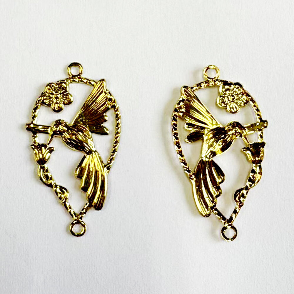 即日発送！チャームパーツ しずく 鳥付き 2カン 約18mm×33mm ゴールド【5ヶ】