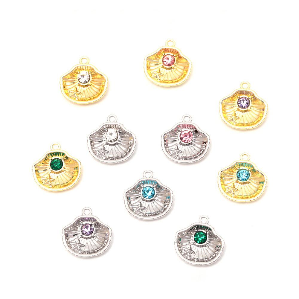 即日発送！メタルチャーム 合金製 ホタテ貝 貝類 海洋生物 ガラスストーン付き マリンチャーム 約15×15mm（4ヶ）