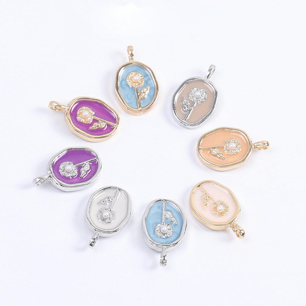 即日発送！上質エポチャーム バラモチーフ オーバル パール付き 11×18mm（6ヶ）