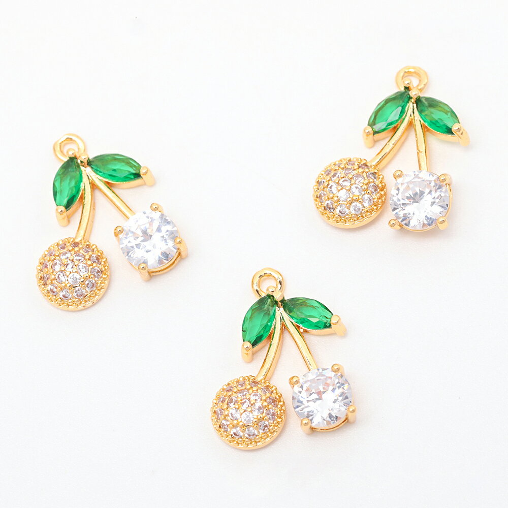 即日発送！ガラスチャーム さくらんぼ チェリー ストーン付き 果物 フルーツ メタルチャーム 約15×18mm（1ヶ）