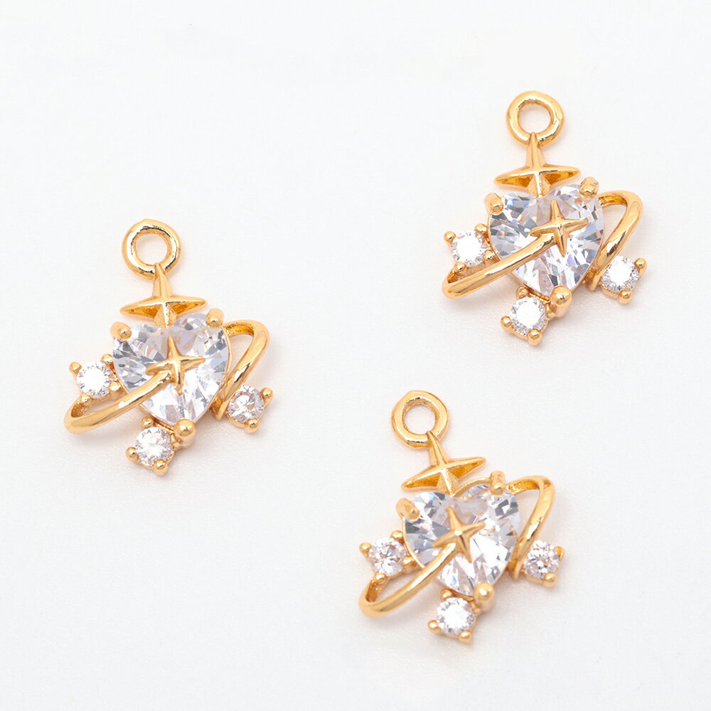 即日発送！ガラスチャーム ハート 惑星 ストーン付き 星 宇宙 メタルチャーム 約13×16mm（1ヶ）