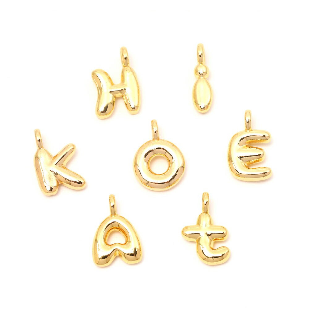 即日発送！イニシャルチャーム ぷっくり英字チャーム アルファベットパーツ ゴールドカラー A E H I K O T 丸カン付き（1ヶ）