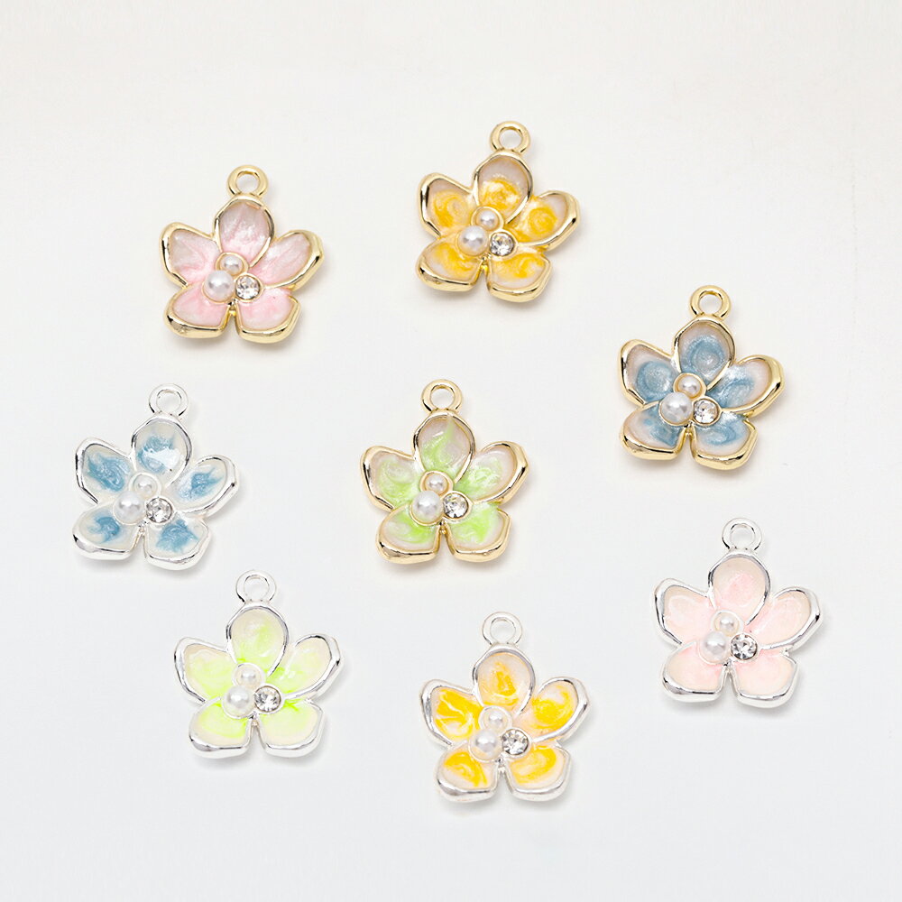 即日発送！エポチャーム フラワー グラデーションカラー ストーン付き パール付き メタルチャーム 約16×18mm（2ヶ）